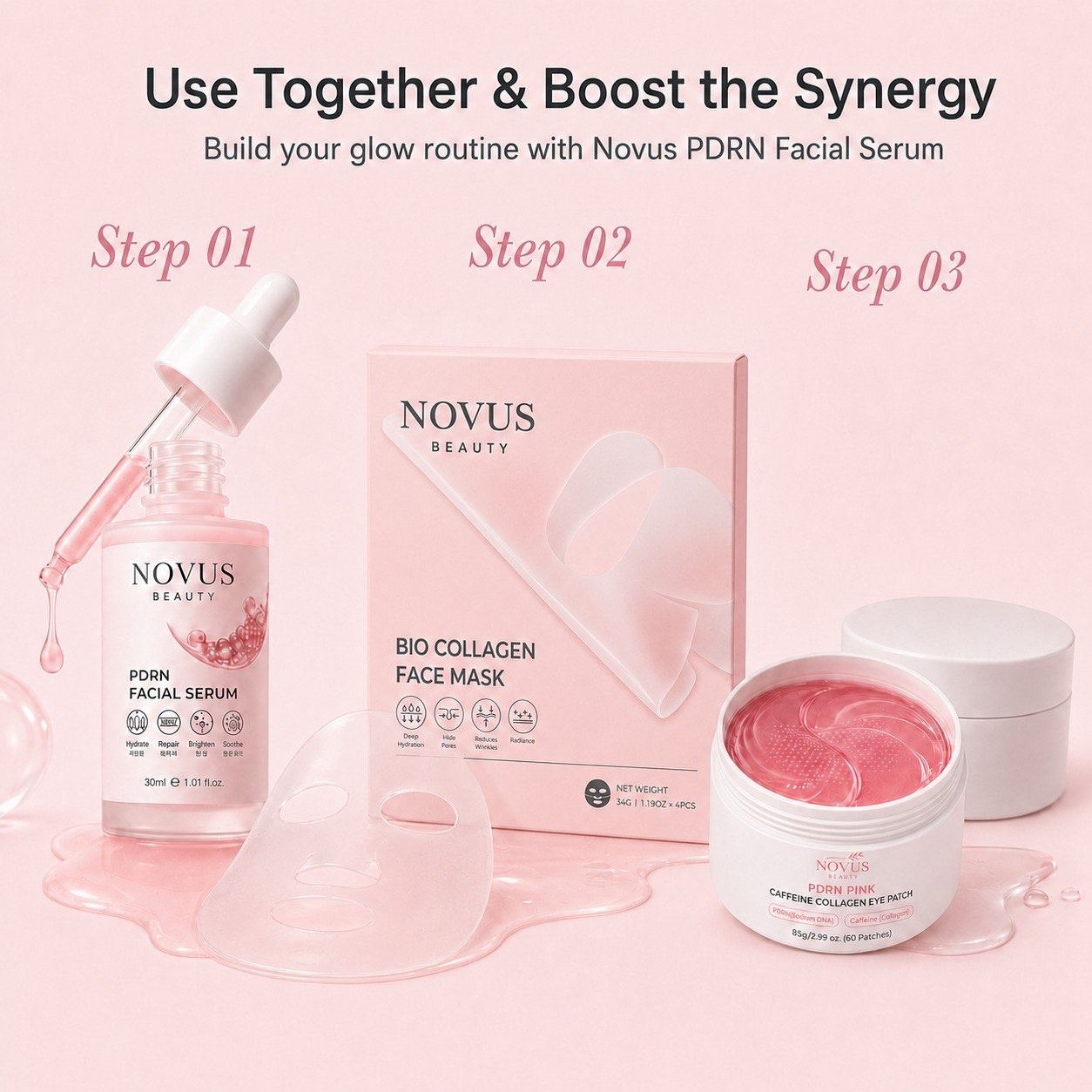 Novus glow routine — PDRN serum, bio collagen face mask and eye patches used together